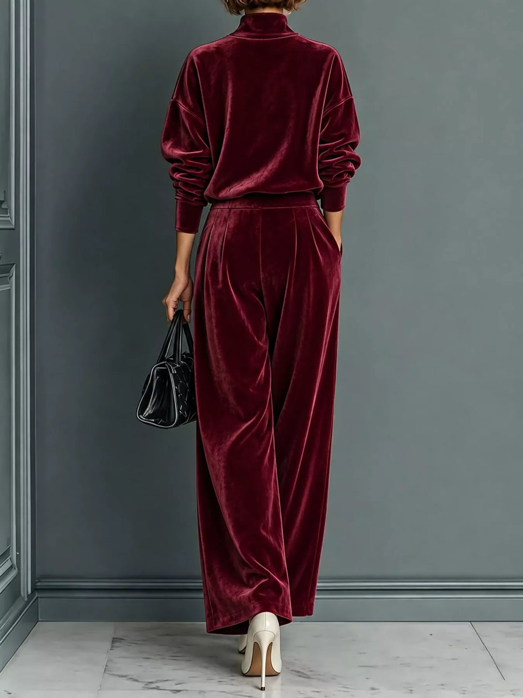 Velvet-look mock neck top and wide leg pants in burgundy, back view