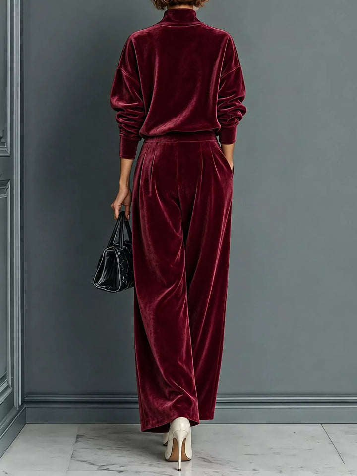 Velvet-look mock neck top and wide leg pants in burgundy, back view