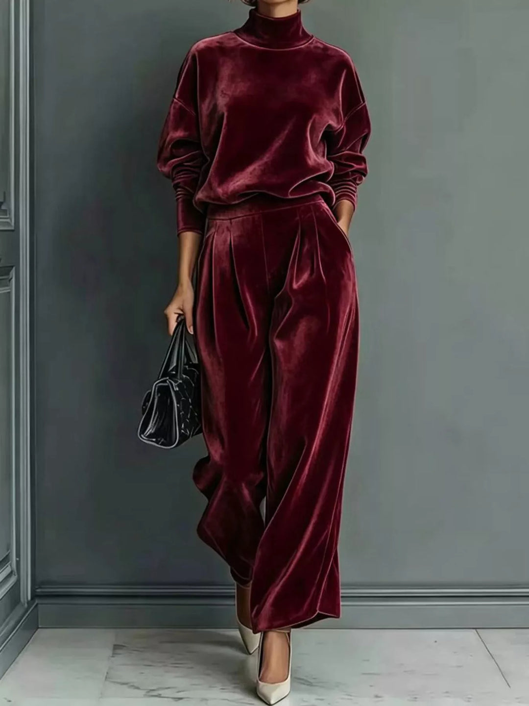 Velvet-look mock neck top and wide leg pants in burgundy, front view