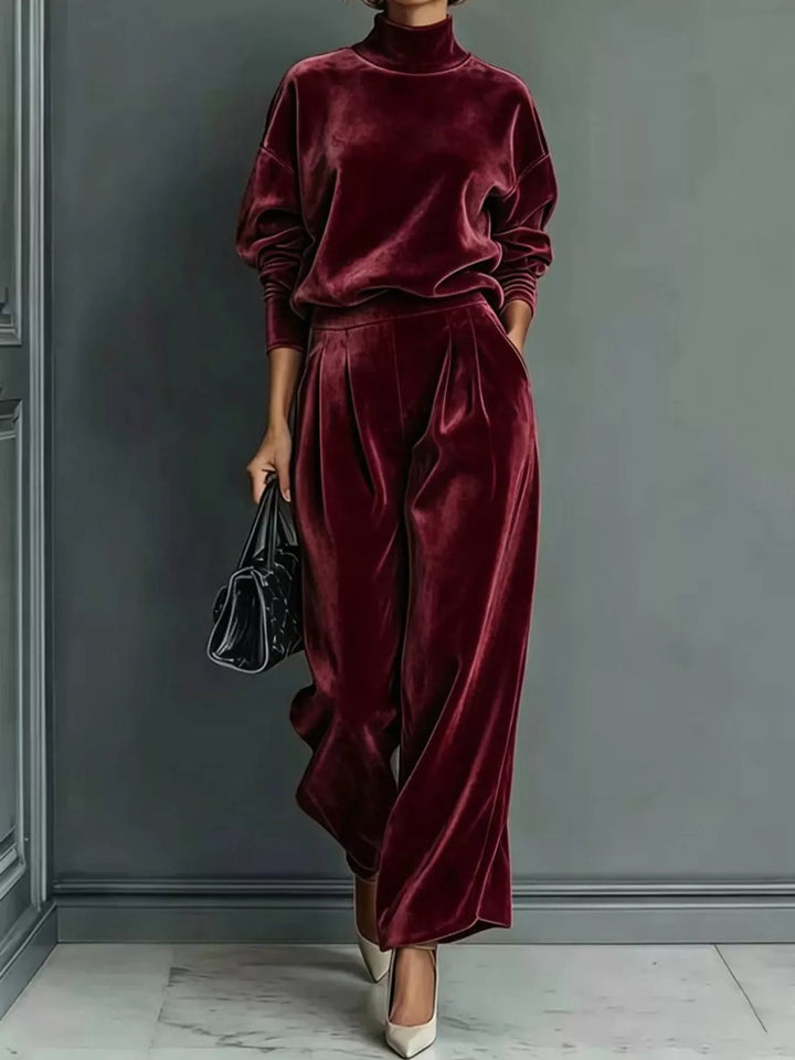 Velvet-look mock neck top and wide leg pants in burgundy, front view