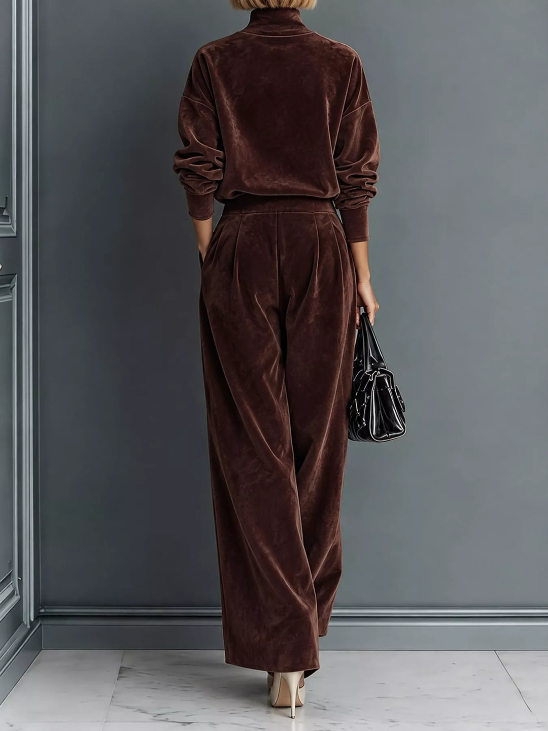 Velvet-look mock neck top and wide leg pants in coffee, back view