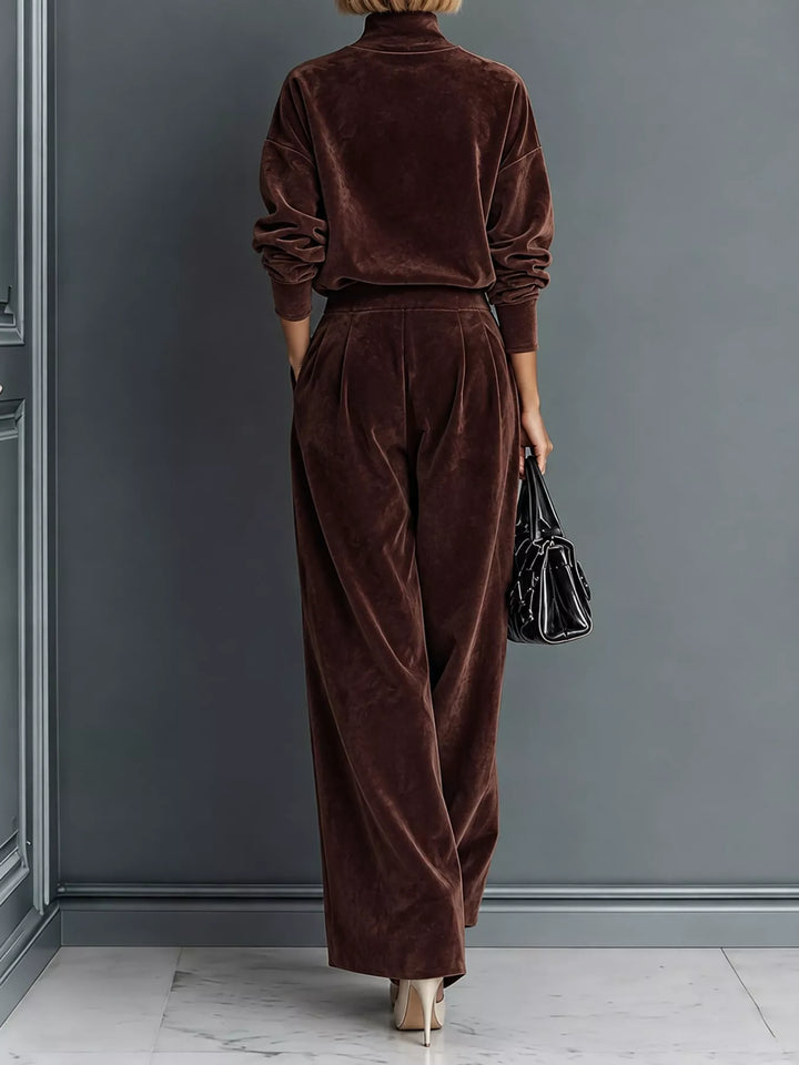 Velvet-look mock neck top and wide leg pants in coffee, back view