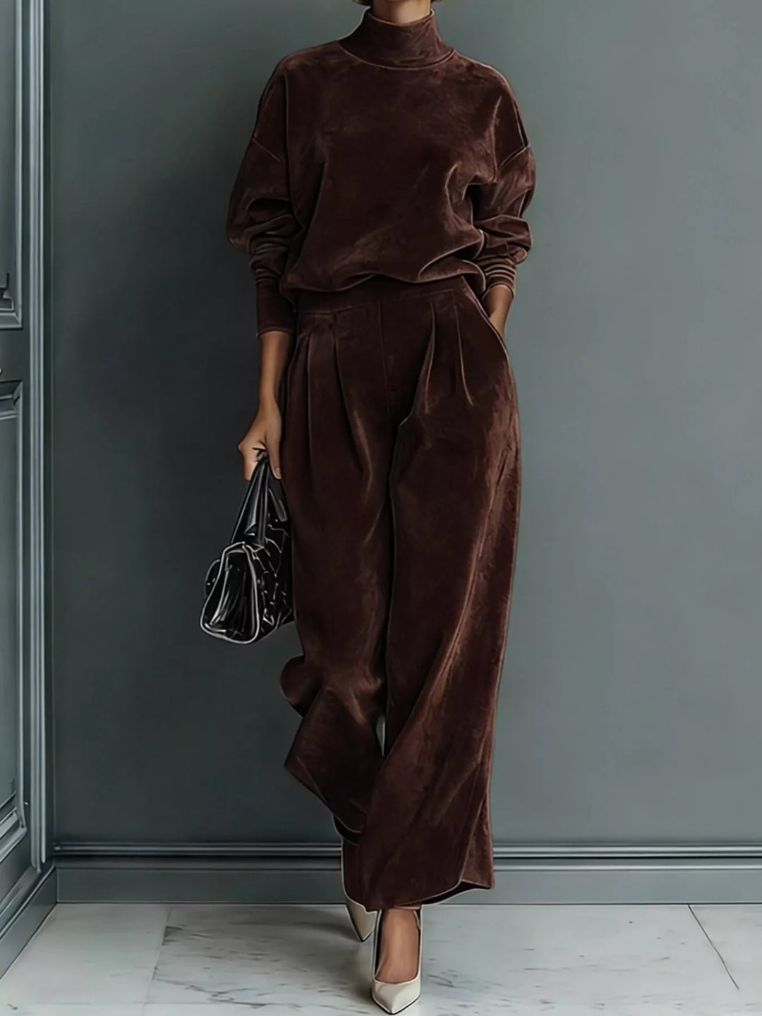 Velvet-look mock neck top and wide leg pants in coffee, front view