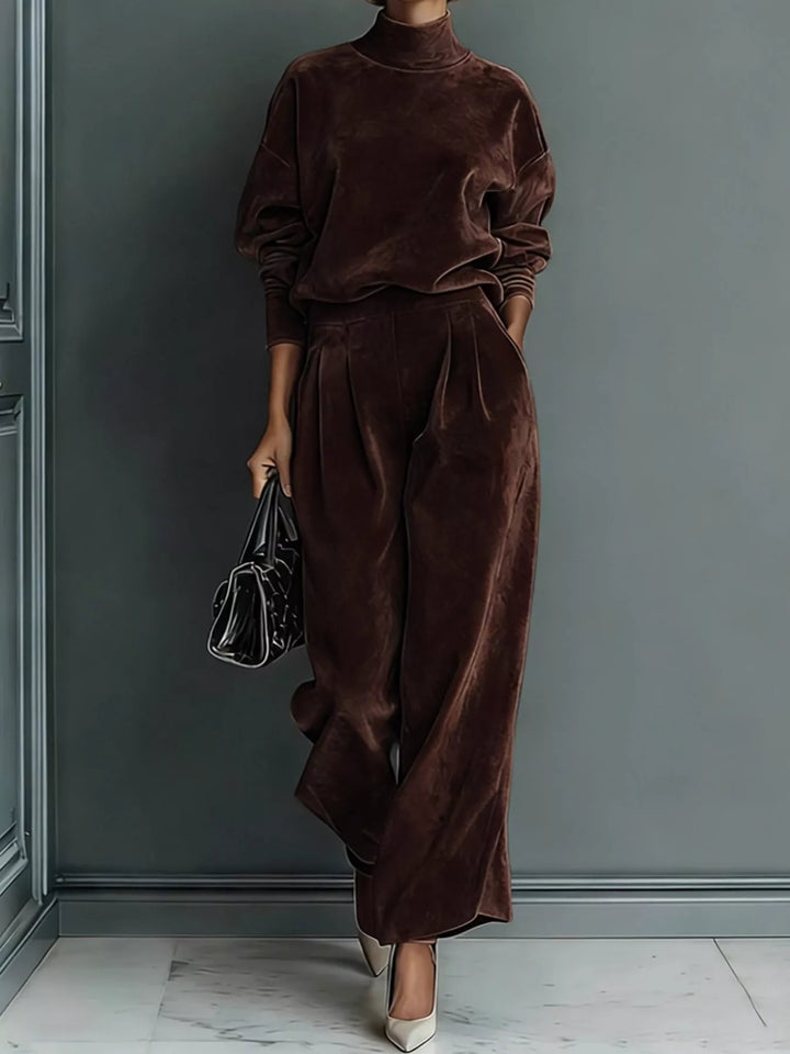Velvet-look mock neck top and wide leg pants in coffee, front view