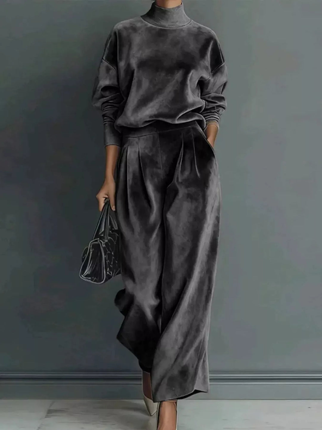Velvet-look mock neck top and wide leg pants in dark gray, front view