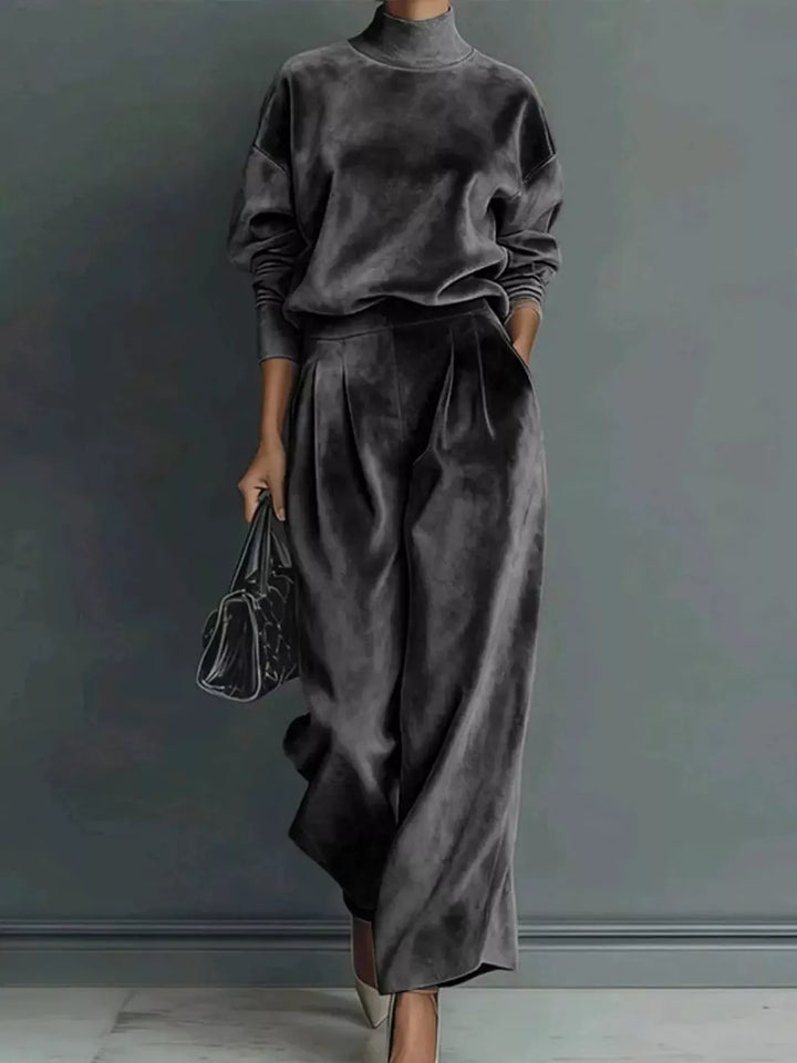Velvet-look mock neck top and wide leg pants in dark gray, front view