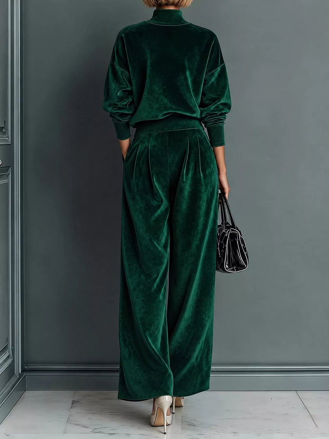Velvet-look mock neck top and wide leg pants in dark green, back view