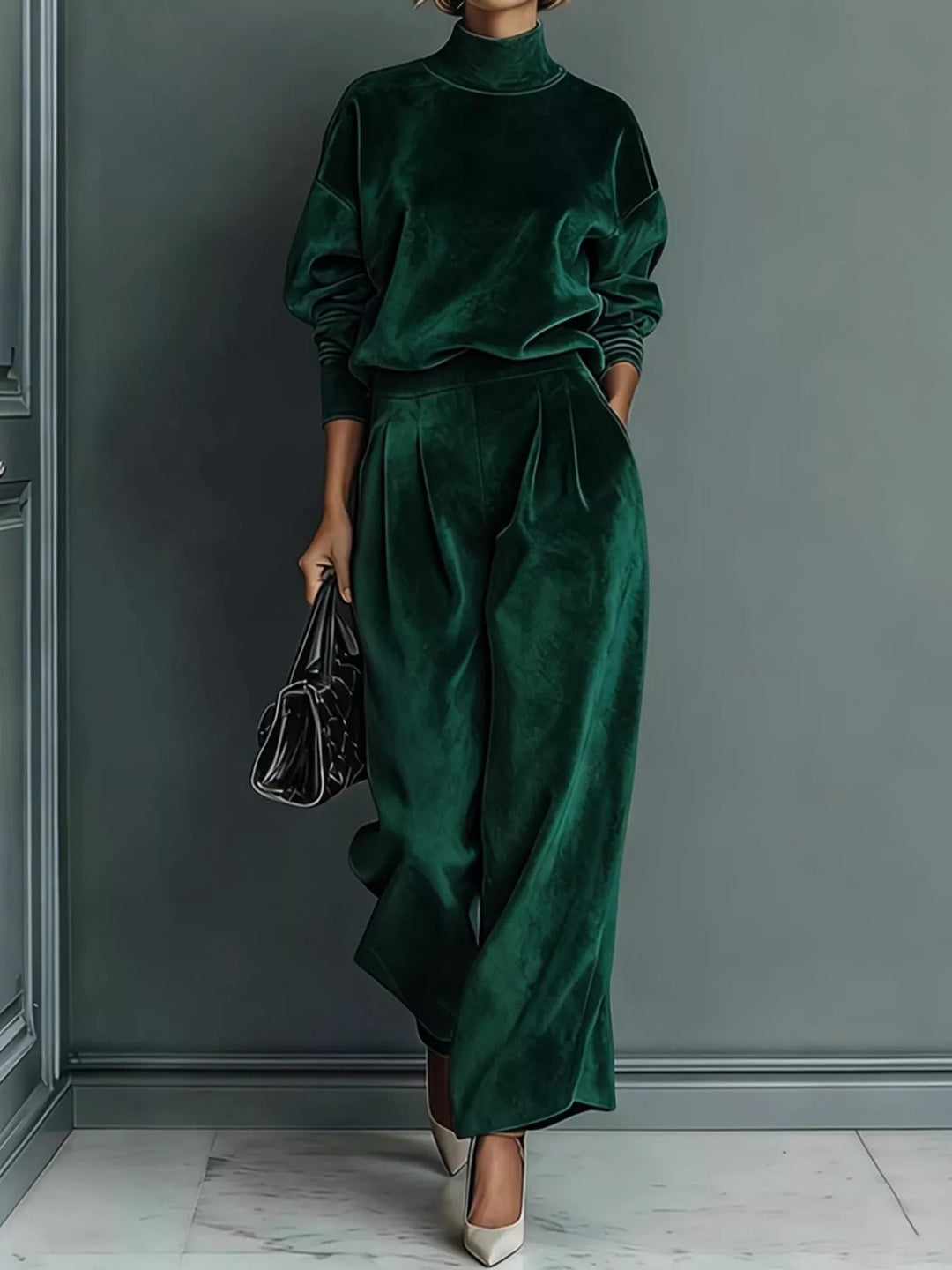 Velvet-look mock neck top and wide leg pants in dark green, front view