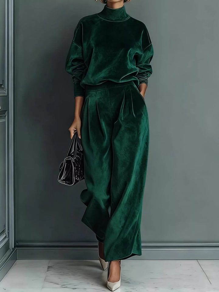 Velvet-look mock neck top and wide leg pants in dark green, front view