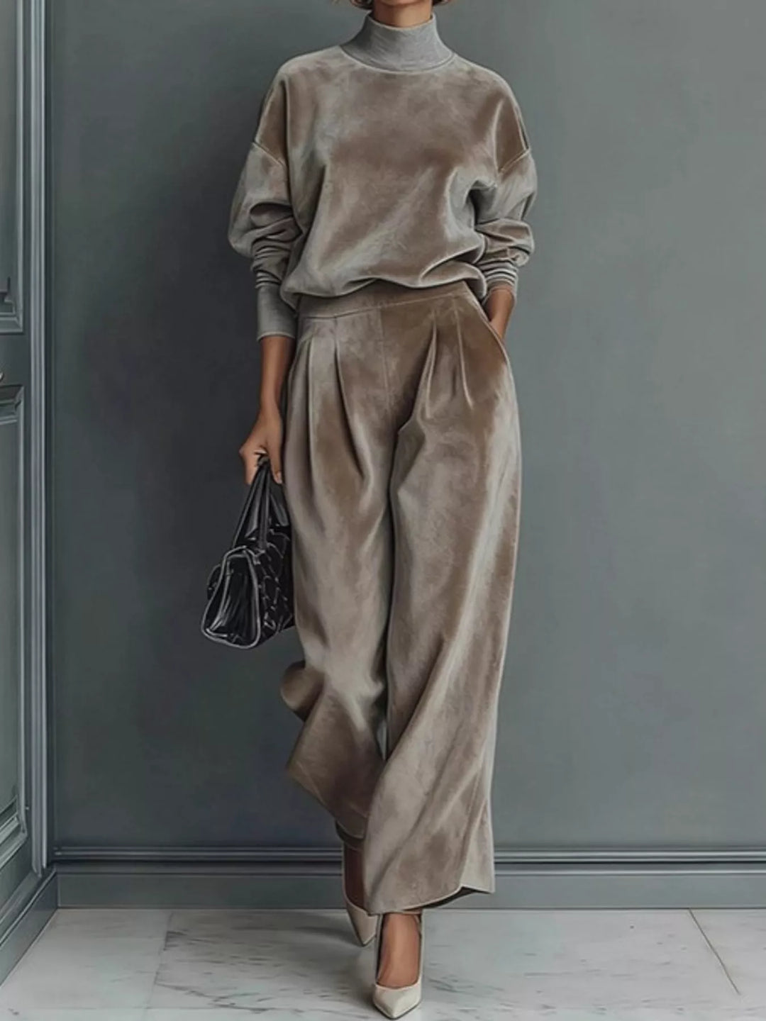 Women's matching set in light brown, velvet-look mock neck top and wide leg pants