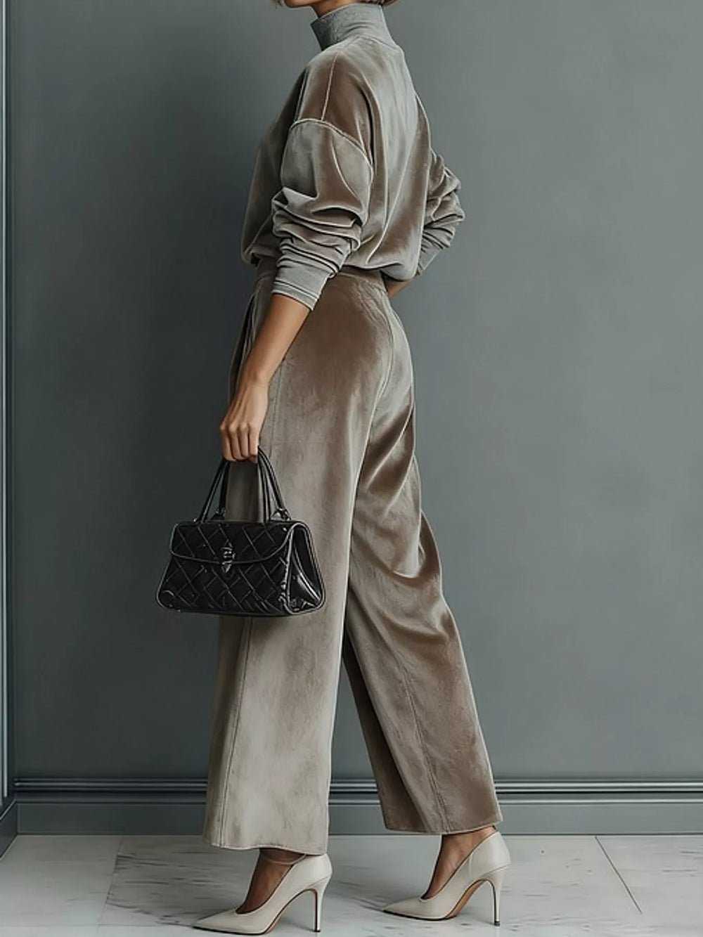 Velvet-look mock neck top and wide leg pants in light brown, styled on model