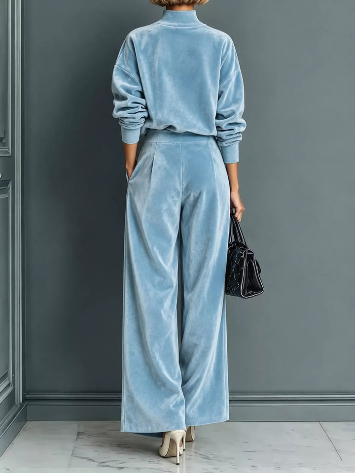 Velvet-look mock neck top and wide leg pants in sky blue, back view