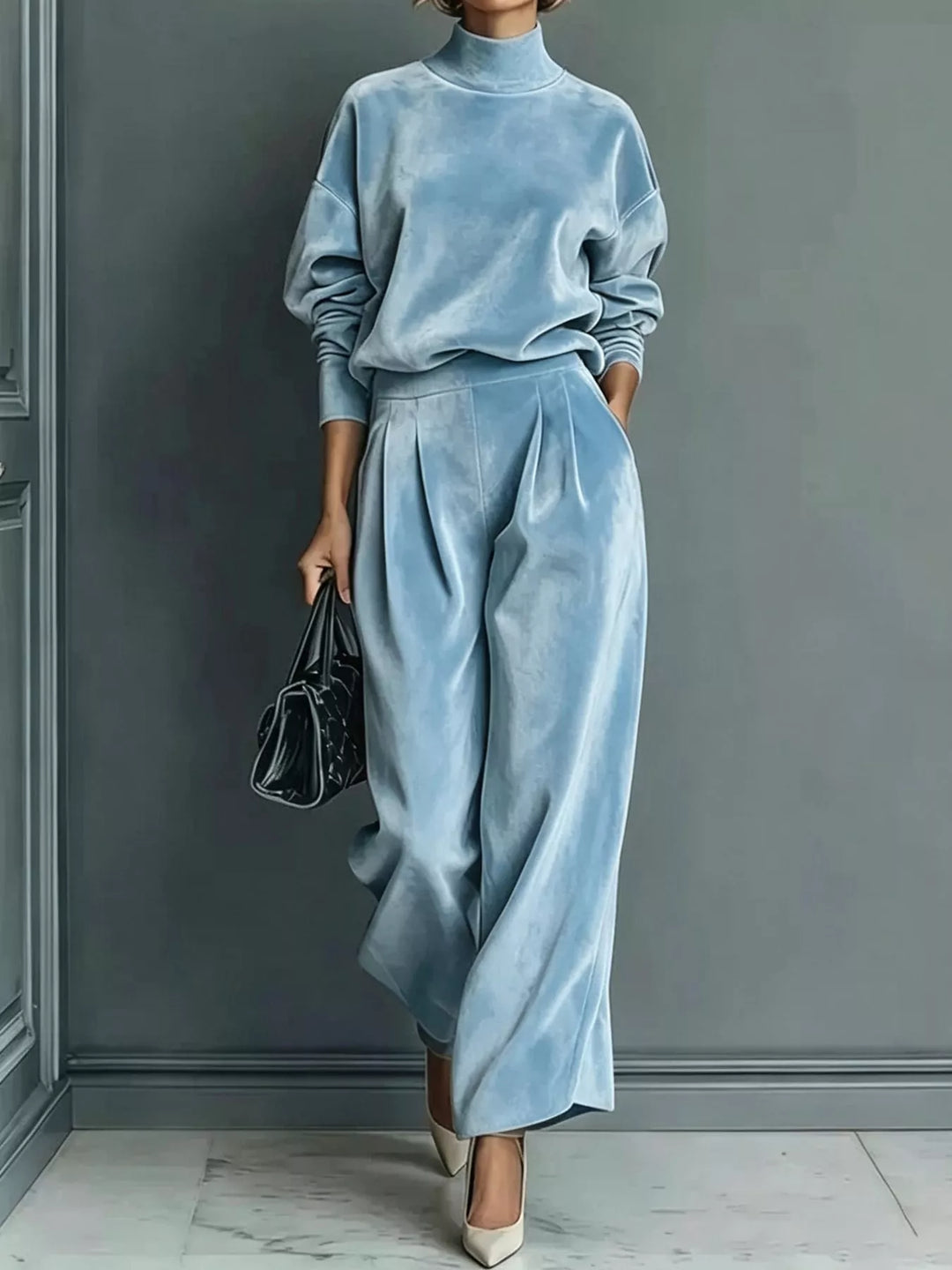 Velvet-look mock neck top and wide leg pants in sky blue, front view