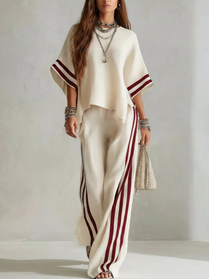 Cream matching set with burgundy striped sleeves and wide leg striped pants