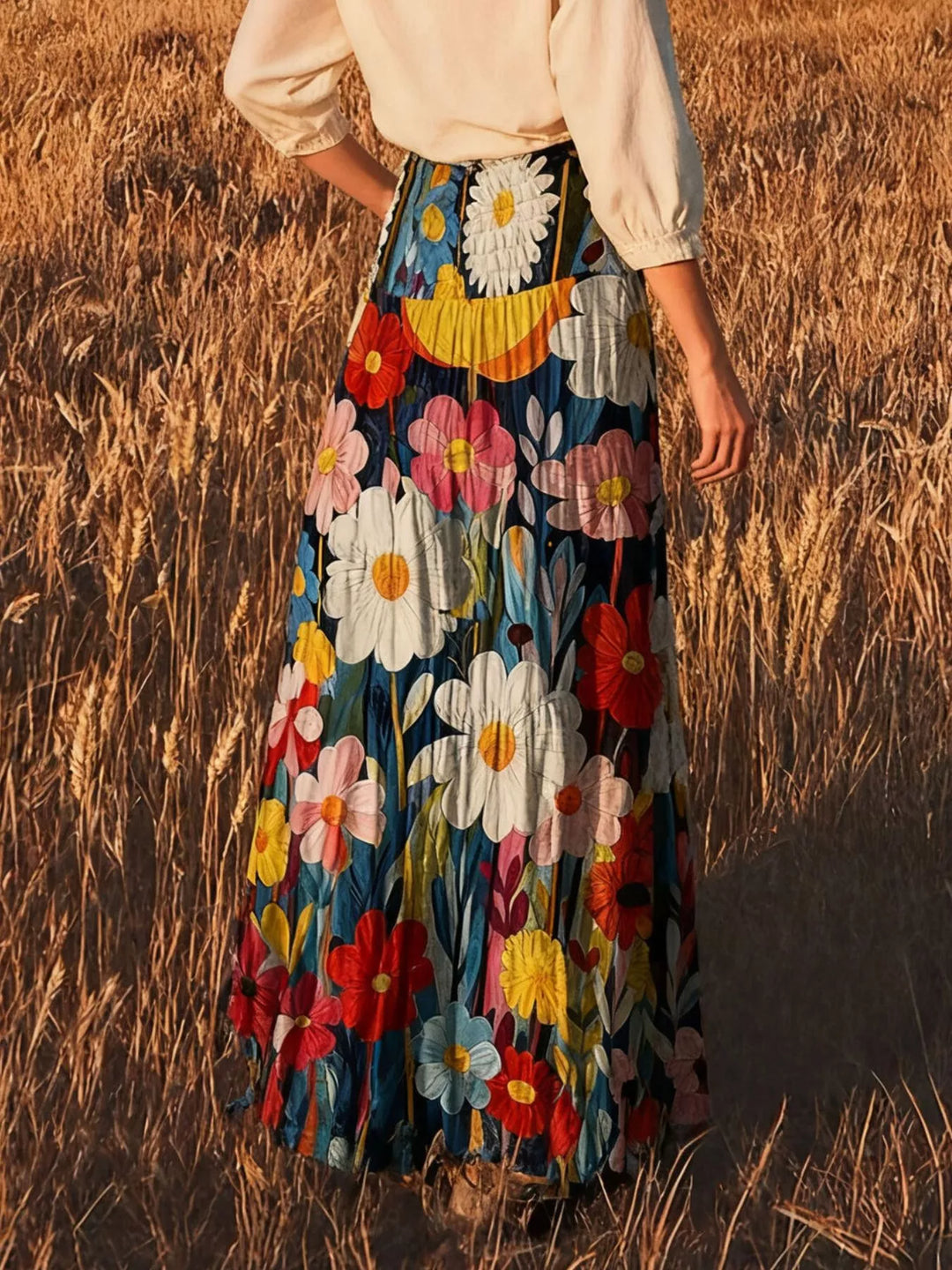 Full length view of the floral maxi skirt worn with a cream blouse