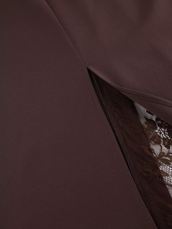 Brown maxi skirt slit edge with a glimpse of the lace underlay
