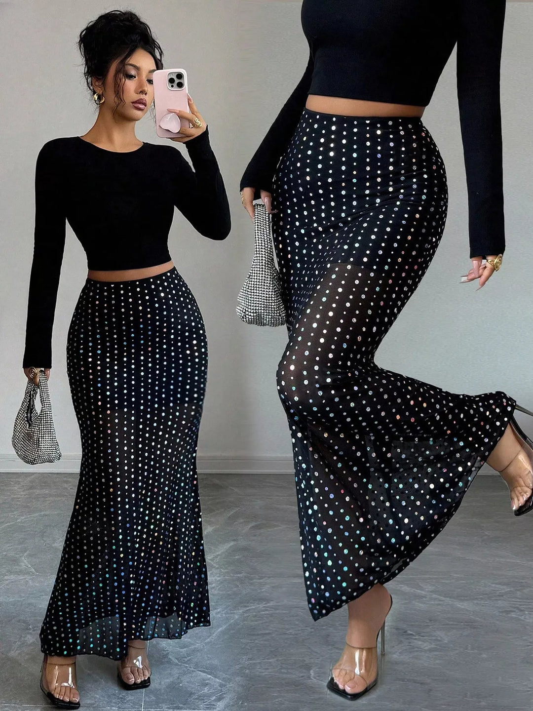 Two views of the black sheer maxi skirt side by side, front and walking pose