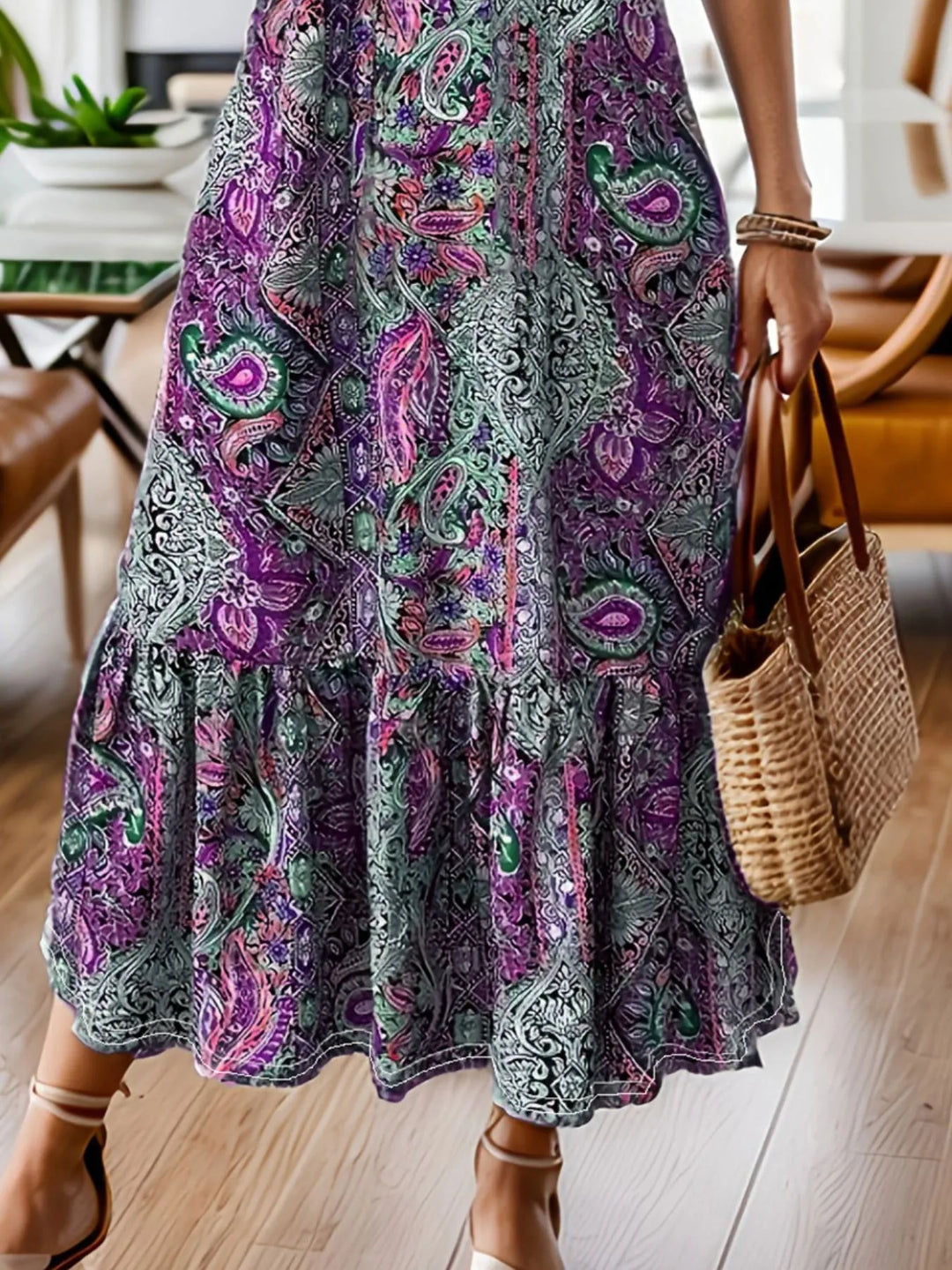 Paisley print ruffle hem tiered skirt plus size in purple, close-up detail