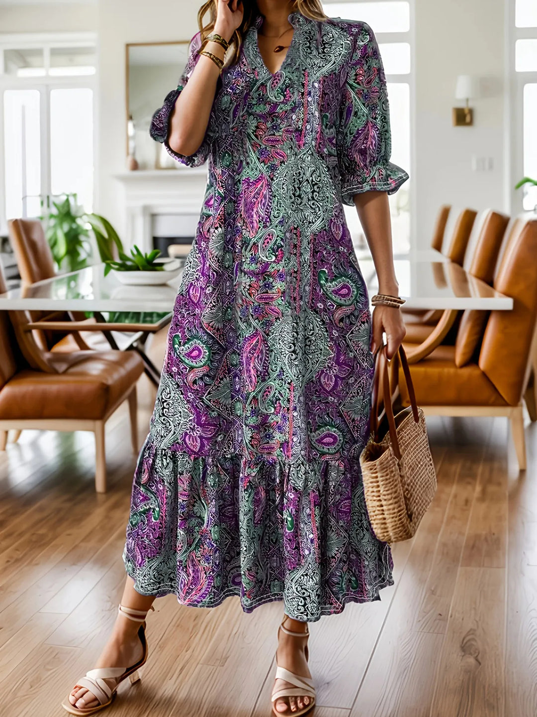 Paisley print ruffle hem tiered skirt plus size in purple, front view