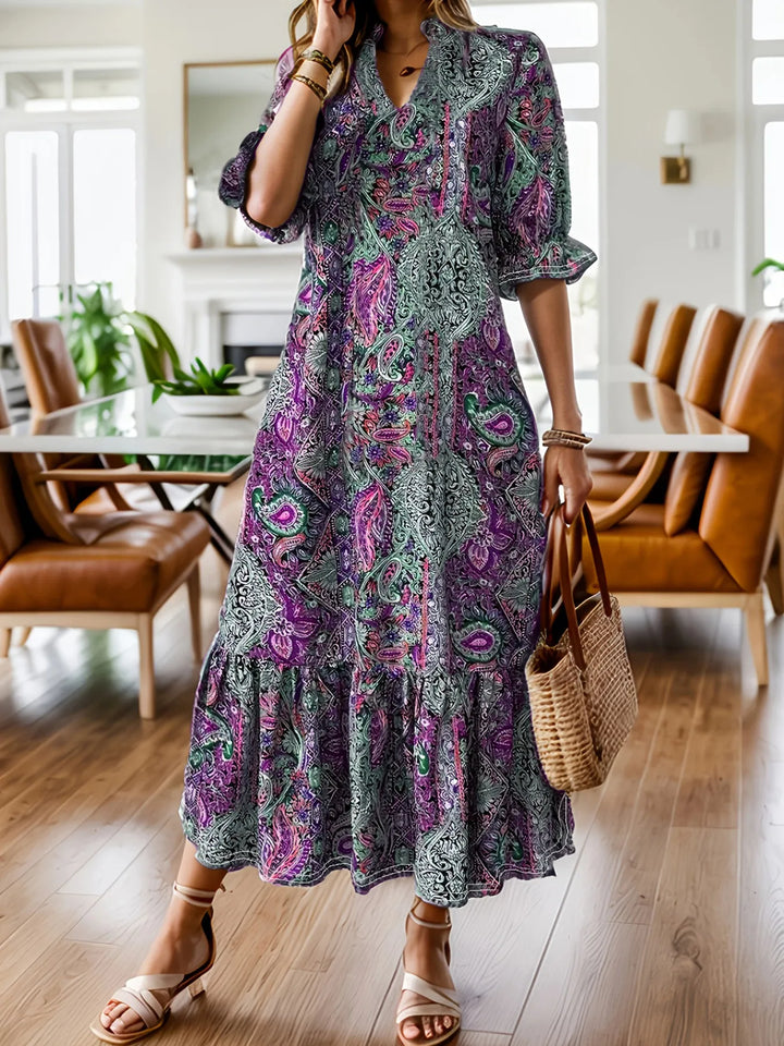 Paisley print ruffle hem tiered skirt plus size in purple, front view
