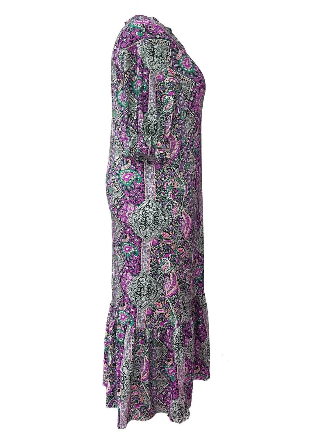Paisley print ruffle hem tiered skirt plus size in purple, styled on model