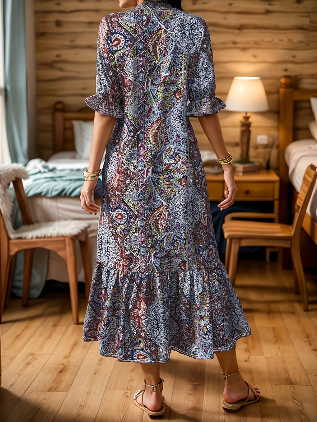Paisley print ruffle hem tiered skirt plus size in red, back view