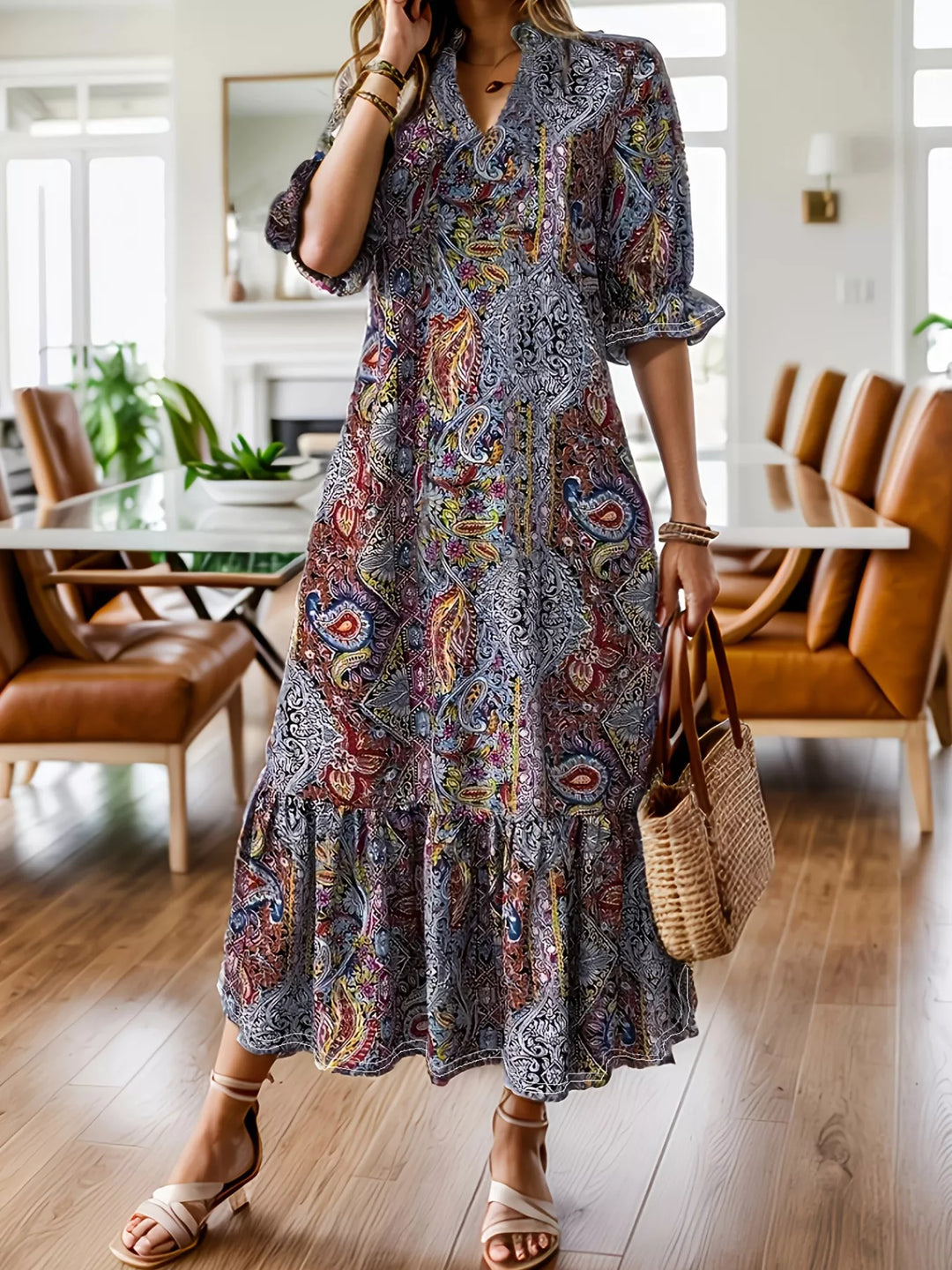 Paisley print ruffle hem tiered skirt plus size in red, front view