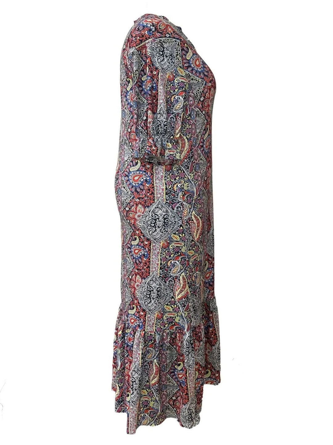 Paisley print ruffle hem tiered skirt plus size in red, styled on model