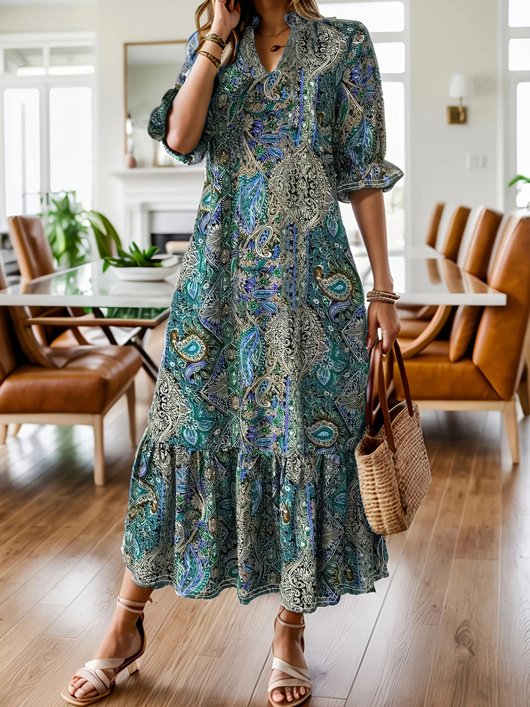 Women's midi dress in teal, paisley print ruffle hem tiered skirt plus size