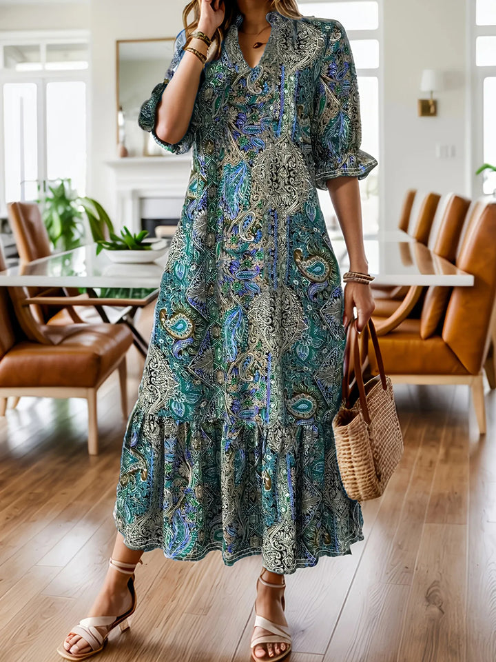 Women's midi dress in teal, paisley print ruffle hem tiered skirt plus size