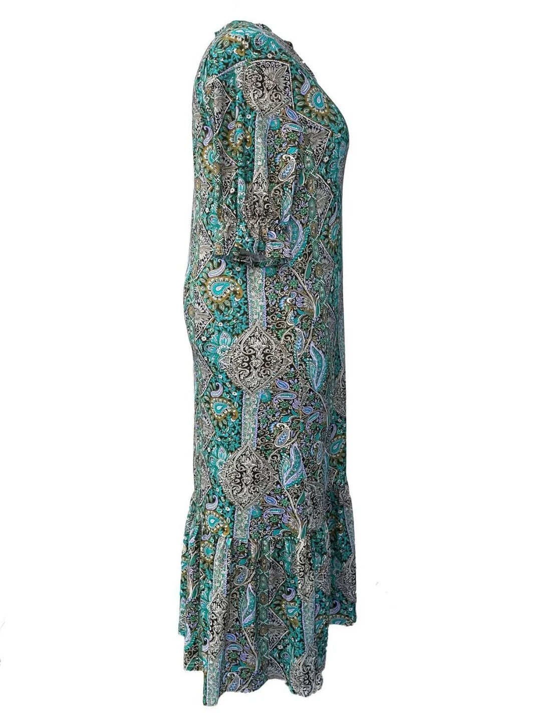 Paisley print ruffle hem tiered skirt plus size in teal, styled on model