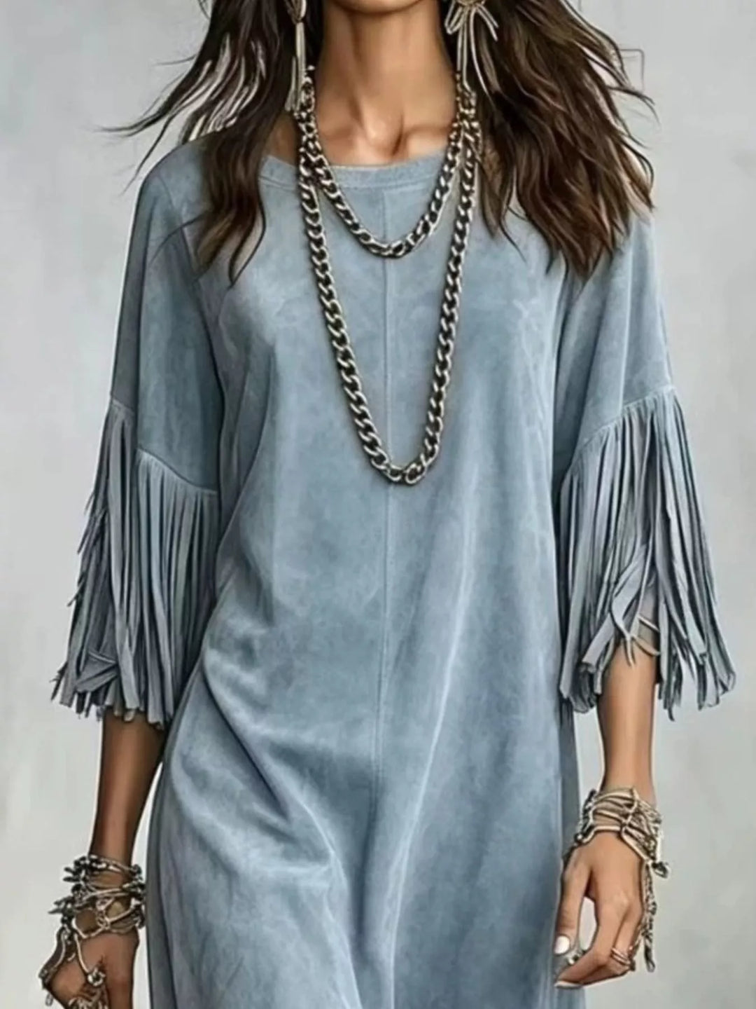 Suede-look fringe sleeve round neck in blue, close-up detail