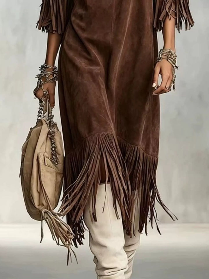 Suede-look fringe sleeve round neck in brown, close-up detail