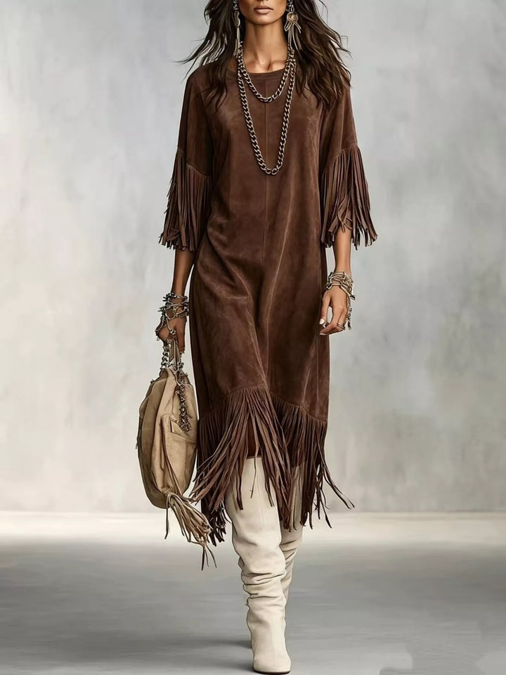 Suede-look fringe sleeve round neck in brown, front view