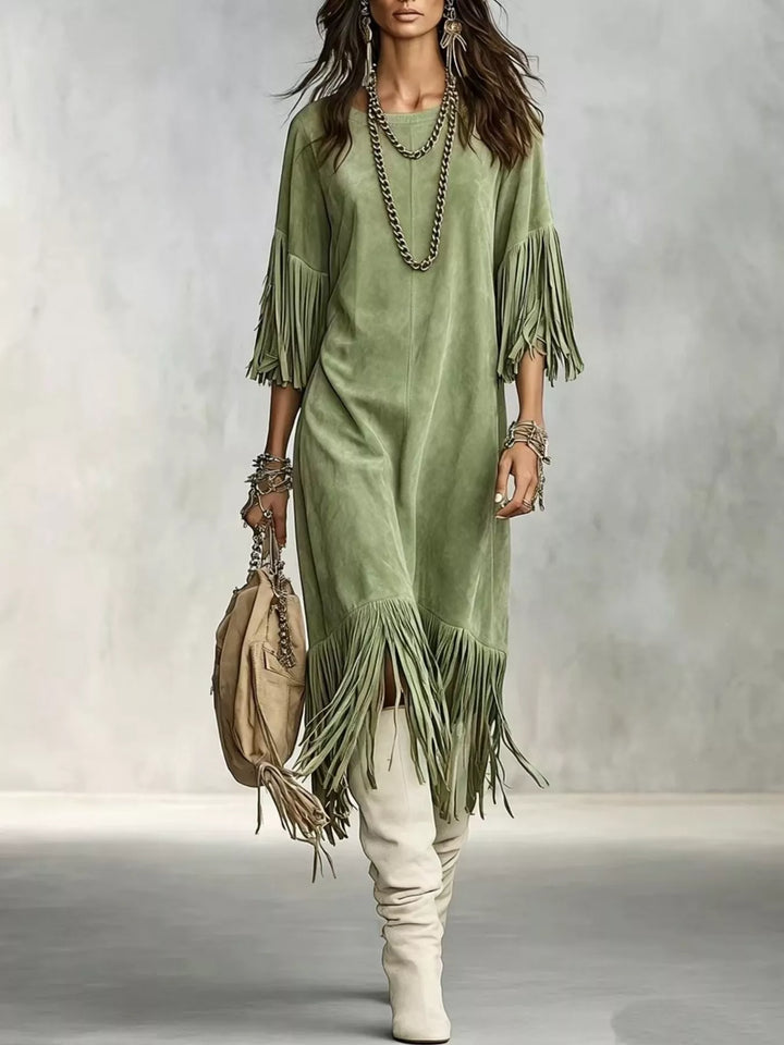 Suede-look fringe sleeve round neck in green, front view