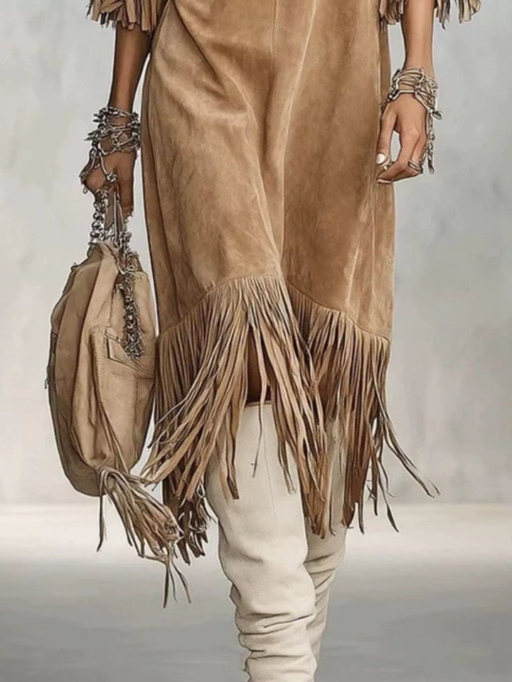 Suede-look fringe sleeve round neck in khaki, close-up detail