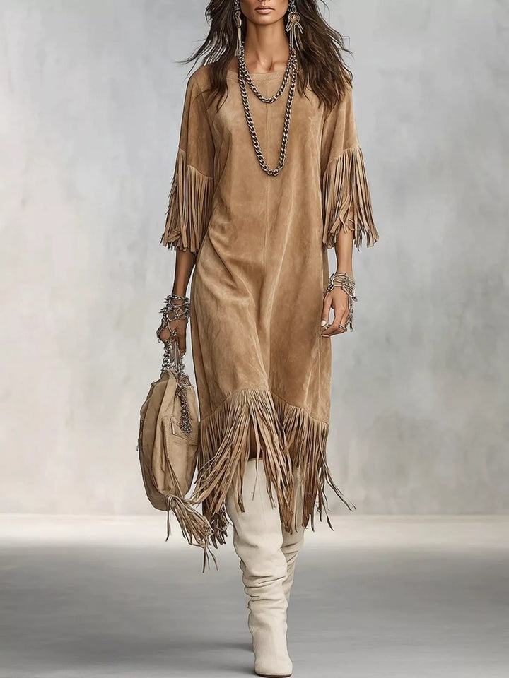 Women's midi dress in khaki, suede-look fringe sleeve round neck