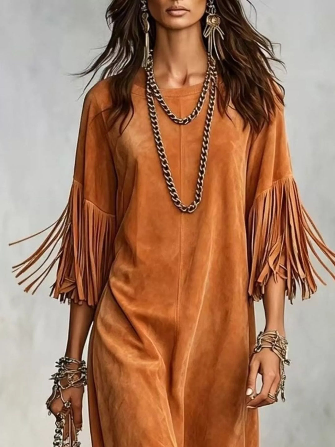 Suede-look fringe sleeve round neck in orange, close-up detail