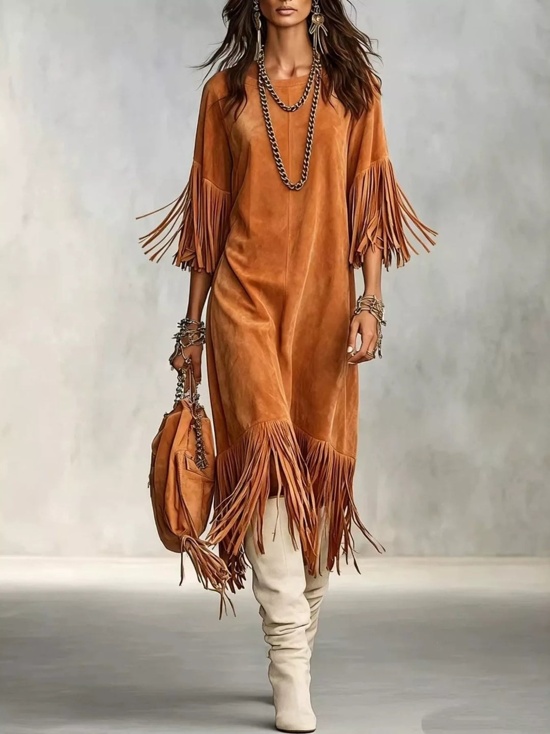 Suede-look fringe sleeve round neck in orange, front view