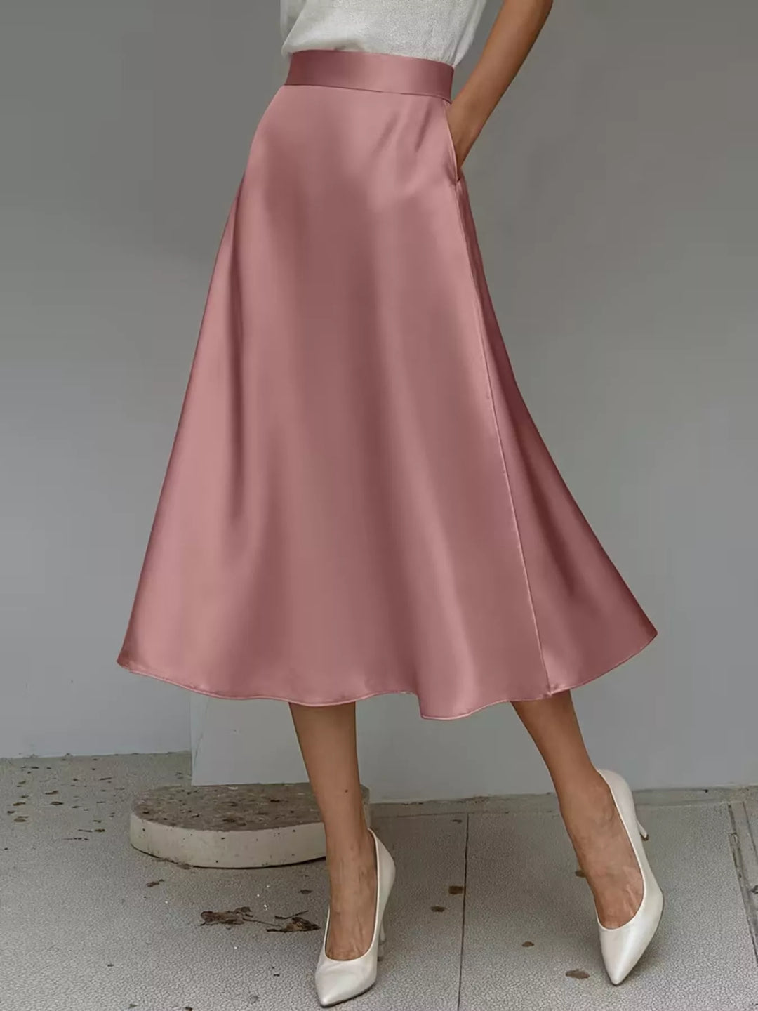 Dusty rose high waisted satin look A line midi skirt, front view