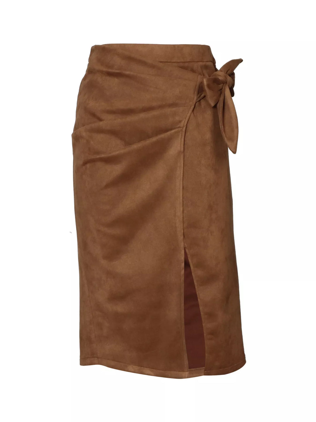 Flat view of the camel brown wrap midi skirt with front slit and bow