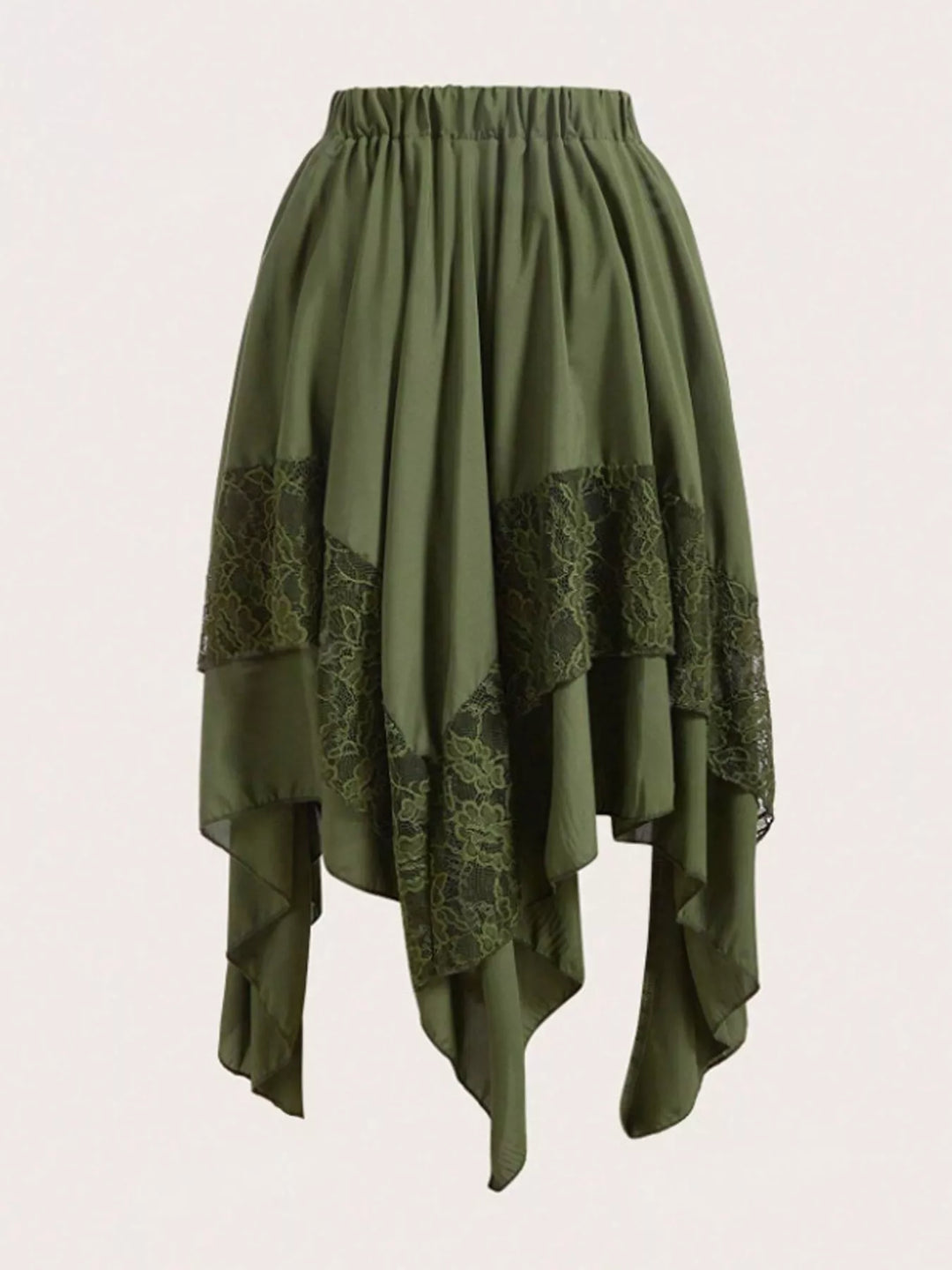 Tiered handkerchief hem lace trim plus size in army green, flat lay