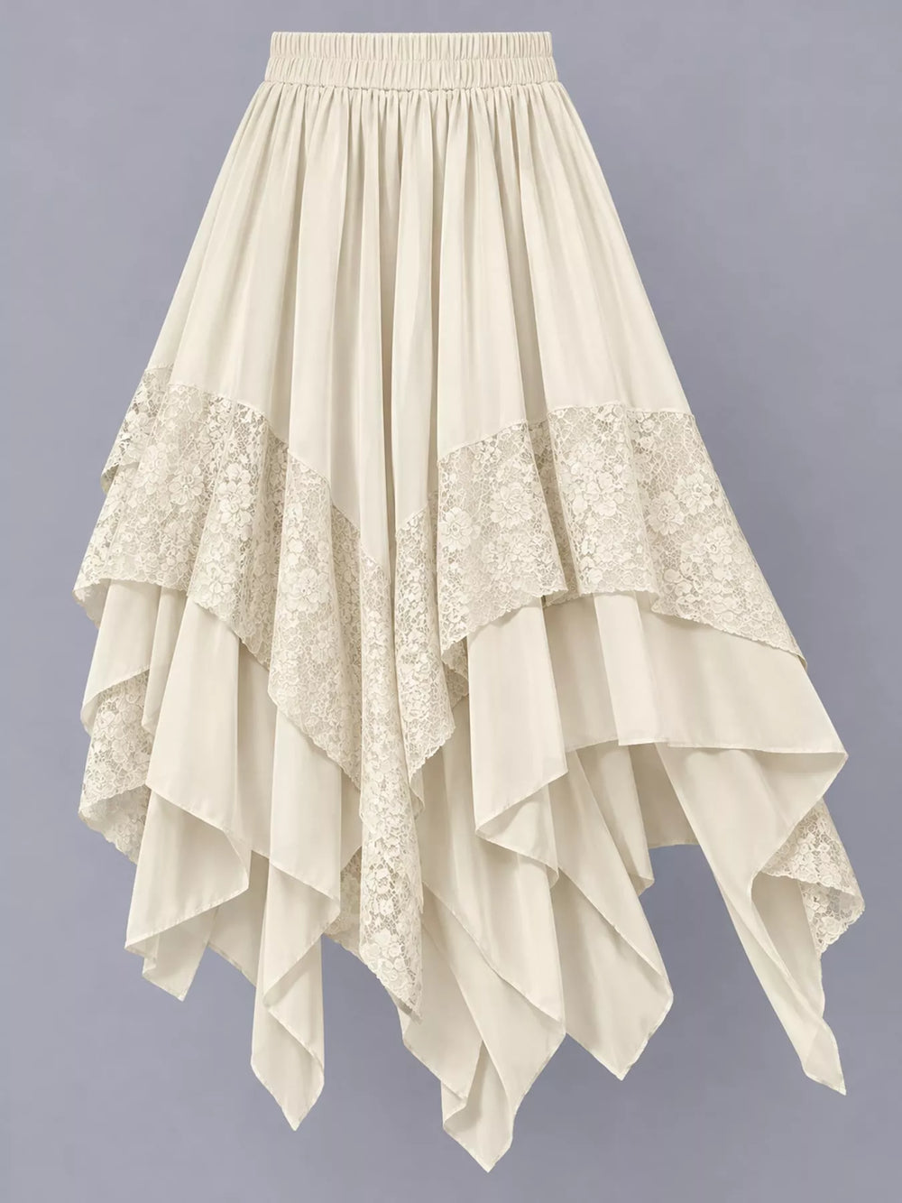 Tiered handkerchief hem lace trim plus size in off-white, flat lay