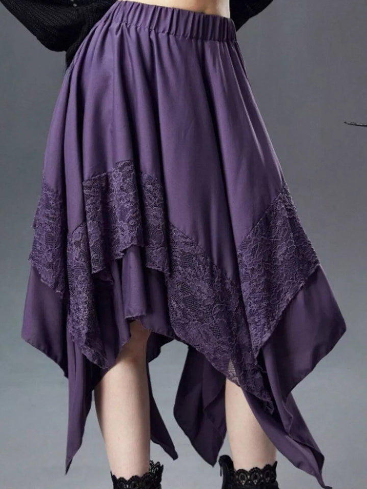 Tiered handkerchief hem lace trim plus size in purple, front view
