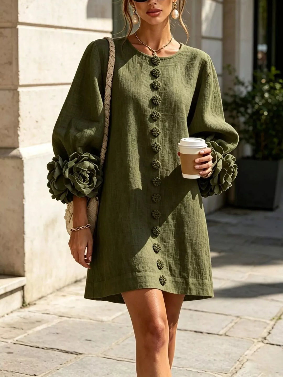 3d floral cuff button front plus size in army green, styled on model 2