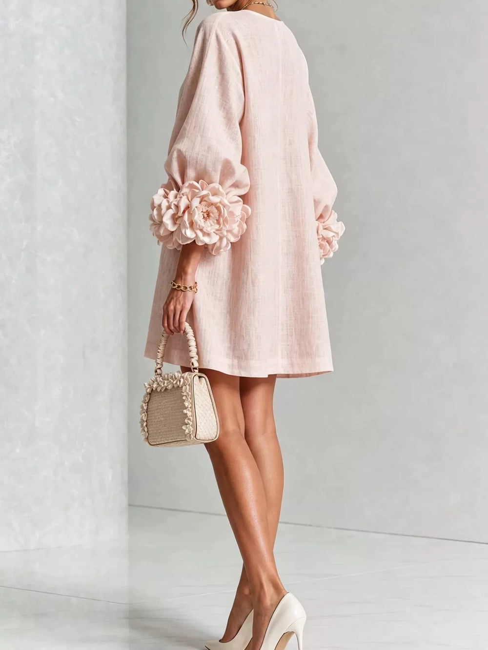 3d floral cuff button front plus size in blush pink, styled on model