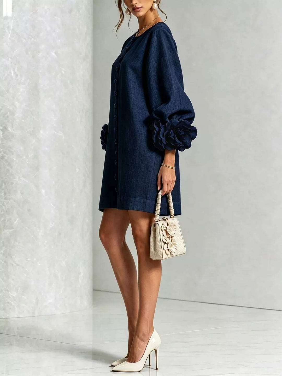 3d floral cuff button front plus size in navy, styled on model 2