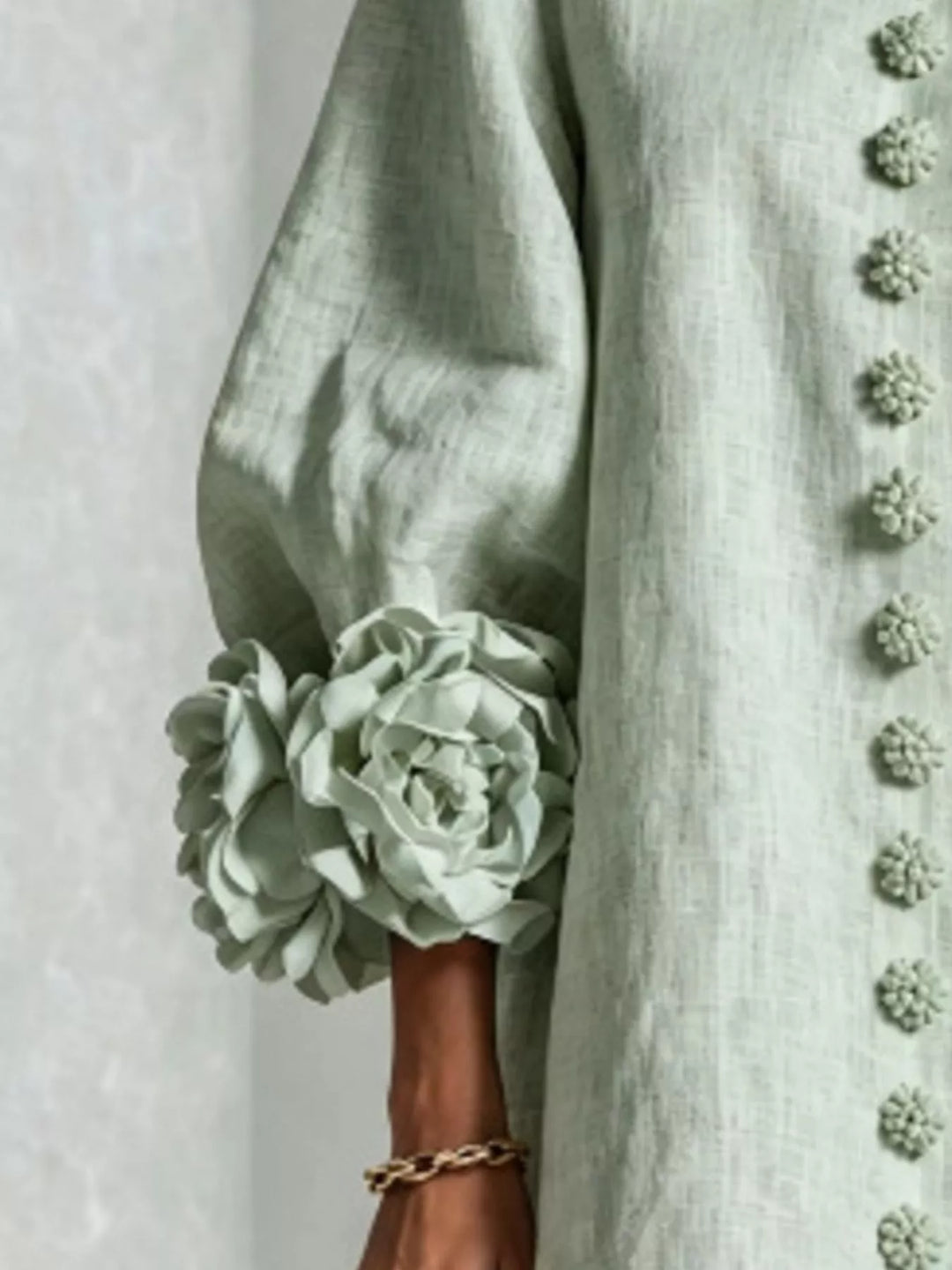 3d floral cuff button front plus size in sage, close-up detail 2