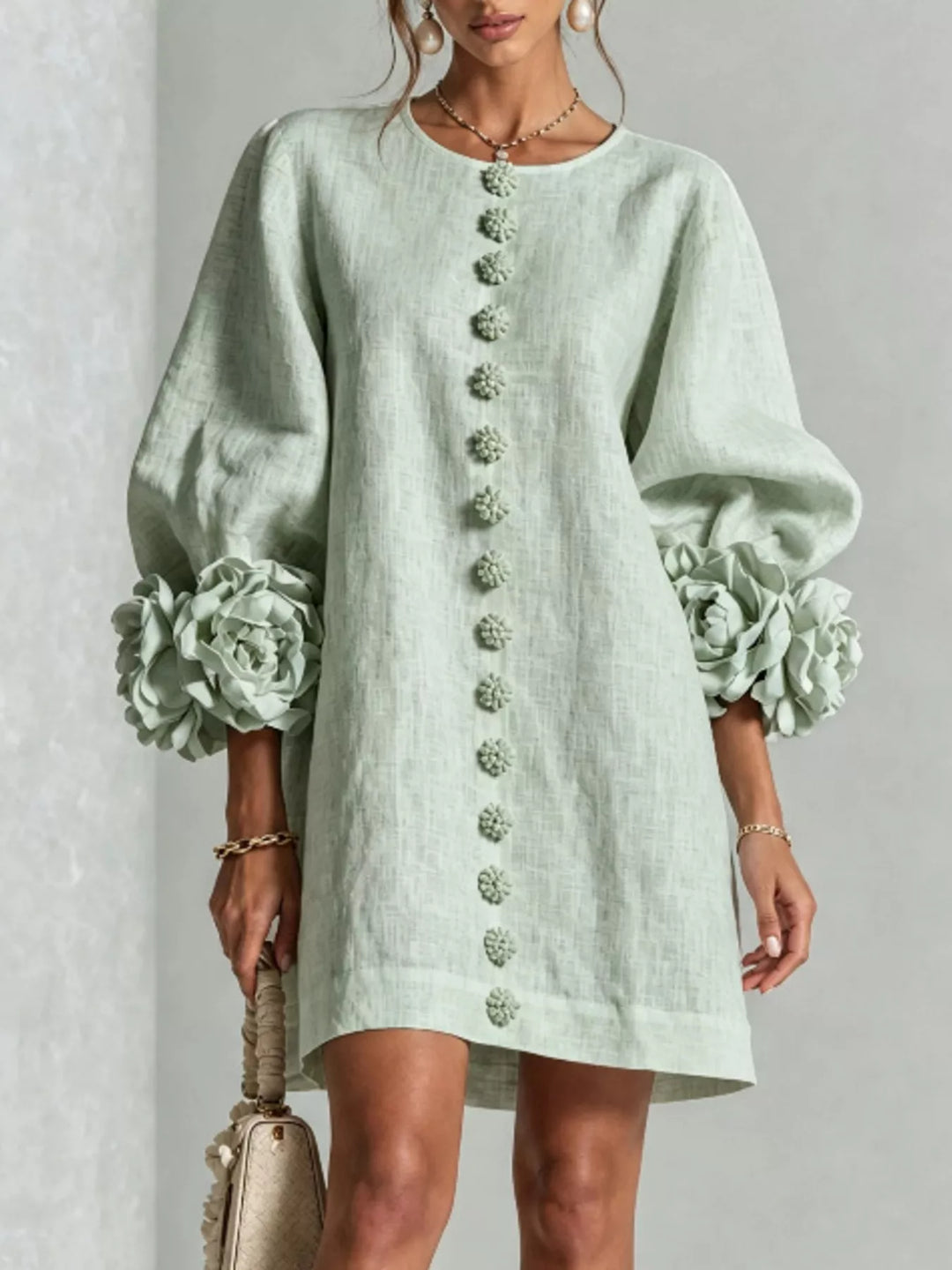3d floral cuff button front plus size in sage, front view