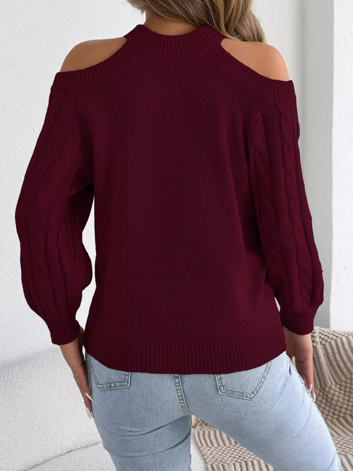 Back view of the burgundy mock neck sweater with cutouts